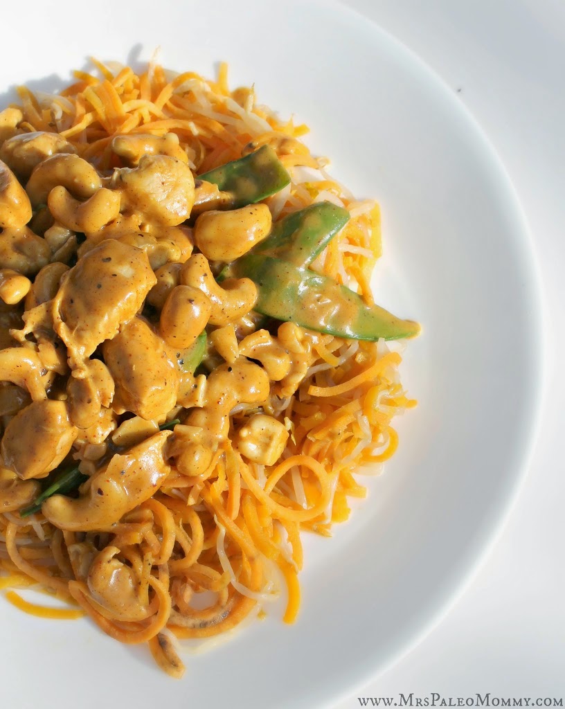 Curry Cashew Chicken over Sweet Potato Noodles