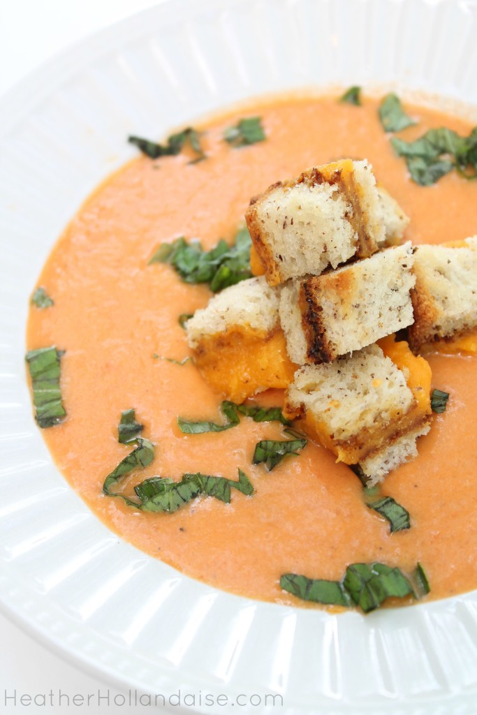 PALEO Creamy Roasted Tomato Basil Soup with Grilled Cheese Croutons
