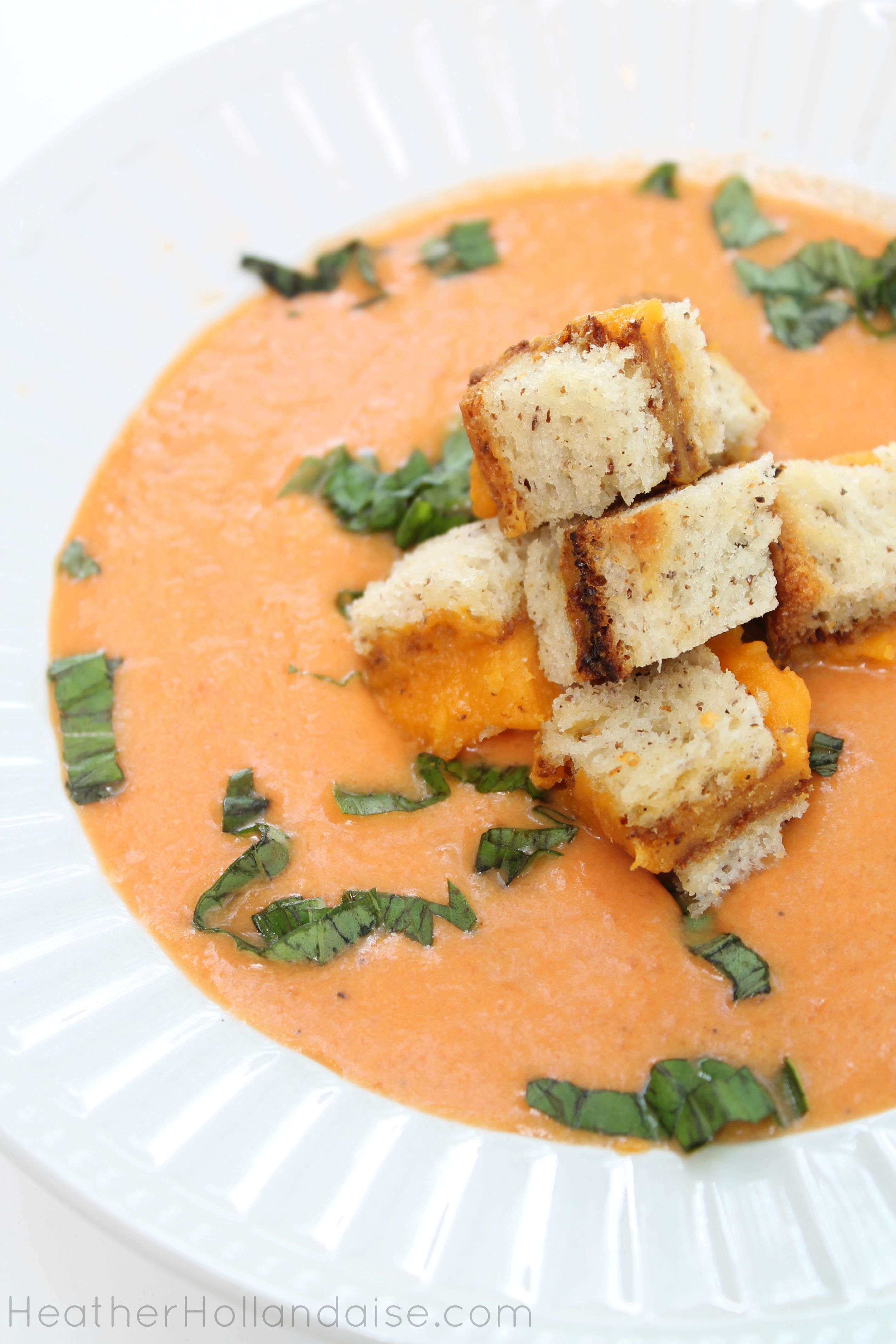 Paleo Tomato Basil Soup with grilled cheese croutons
